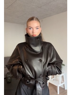 Prifaldi Pb Kruvaze Düğmeli Kahverengi Deri Ceket