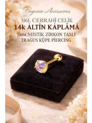 Begonia Accessories 316L Cerrahi Çelik Altın Kaplama Kararmaz Alerji Yapmaz Zirkon Taş Figür Unisex Tragus Küpe Piercing
