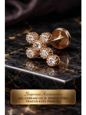 Begonia Accessories 316L Cerrahi Çelik Paslanmaz Kararmaz Alerji Yapmaz Zirkon Taşlı Figürlü Unisex Tragus Küpe Piercing