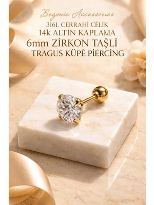 Begonia Accessories 316L Cerrahi Çelik Altın Kaplama Kararmaz Alerji Yapmaz Zirkon Taş Figür Unisex Tragus Küpe Piercing