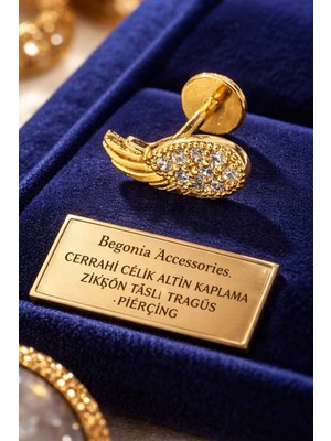 Begonia Accessories 316L Cerrahi Çelik Altın Kaplama Kararmaz Alerji Yapmaz Zirkon Taş Figür Unisex Tragus Küpe Piercing