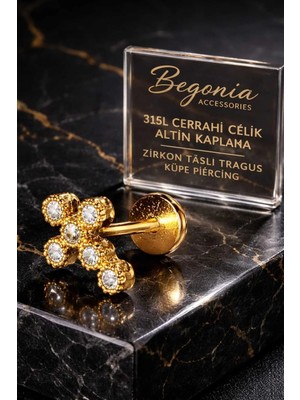 Begonia Accessories 316L Cerrahi Çelik Altın Kaplama Kararmaz Alerji Yapmaz Zirkon Taş Figür Unisex Tragus Küpe Piercing