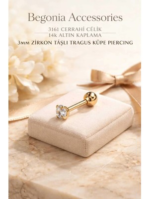 Begonia Accessories 316L Cerrahi Çelik Altın Kaplama Kararmaz Alerji Yapmaz Zirkon Taş Figür Unisex Tragus Küpe Piercing