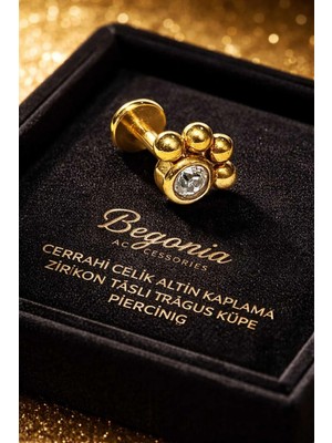 Begonia Accessories 316L Cerrahi Çelik Altın Kaplama Kararmaz Alerji Yapmaz Zirkon Taş Figür Unisex Tragus Küpe Piercing
