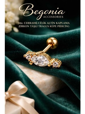 Begonia Accessories 316L Cerrahi Çelik Altın Kaplama Kararmaz Alerji Yapmaz Zirkon Taş Figür Unisex Tragus Küpe Piercing