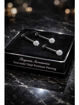 Begonia Accessories Antialerjik 316L Cerrahi Çelik Taşlı Şambala Labret Tragus 3 Adet Siyah Piercing Set