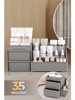 Şık Desenli Çekmeceli Kozmetik Organizer 35CM Gri