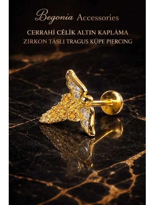 Begonia Accessories 316L Cerrahi Çelik Altın Kaplama Kararmaz Alerji Yapmaz Zirkon Taş Figür Unisex Tragus Küpe Piercing