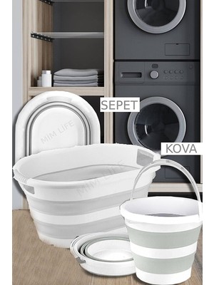 2'li Akordiyon Katlanabilir Çamaşır Sepeti ve Su Kovası Temizlik Seti