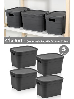 4 Adet Kapaklı Dekoratif Piramit Saklama Kutusu 5 Litre Antrasit