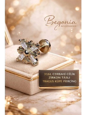 Begonia Accessories 316L Cerrahi Çelik Paslanmaz Kararmaz Alerji Yapmaz Zirkon Taşlı Figürlü Unisex Tragus Küpe Piercing