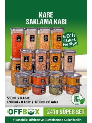 24 Adet Kare Saklama Kabı Seti, Etiket Hediyeli, 0,55-1,7 Litre, Bakliyat ve Baharatlar