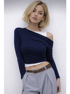 Avakado Çift Asimetrik Kayık Yaka Regular Boy Uzun Kollu Bluz