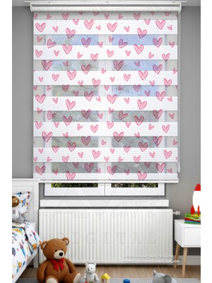 Avart Digital Çocuk Odası Pembe Şirin Kalpler Desenli Zebra Perde - Dijital Baskılı Zebra Stor Perde