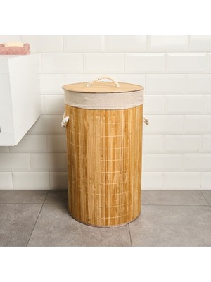 Katlanabilir Yuvarlak Bambu Çamaşır Sepeti, 60 Lt, Bej