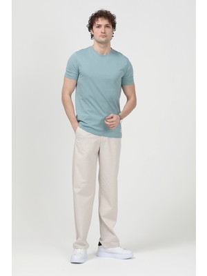 Erkek Bisiklet Yaka Süs Etiketli %100 Pamuklu T-Shirt Açık Yeşil - 26Y 2020