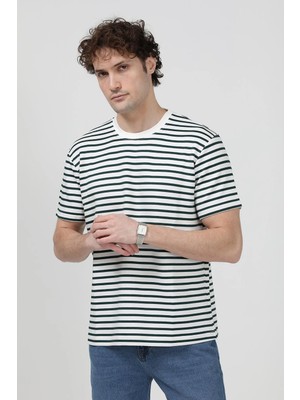 Erkek Bisiklet Yaka Modal Kumaş Çizgili T-Shirt Yeşil - 26Y 1005