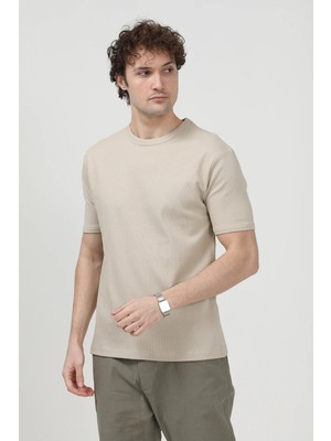 Erkek Bisiklet Yaka Dokulu %100 Pamuklu T-Shirt Bej - 26Y 2915