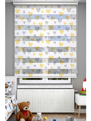 Avart Digital Çocuk Odası Sarı Şirin Kalpler Desenli Zebra Perde - Dijital Baskılı Zebra Stor Perde