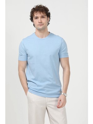 Erkek Bisiklet Yaka Süs Etiketli %100 Pamuklu T-Shirt Açık Mavi - 26Y 2020