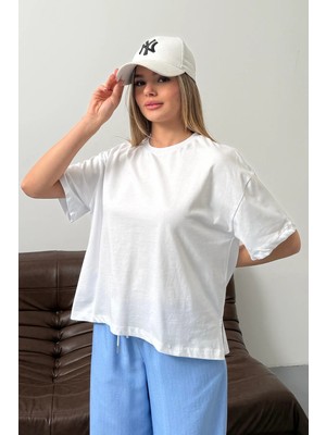 Giysa Kadın Yırtmaçlı %100 Pamuklu Basic T-Shirt Beyaz - 26Y 26505