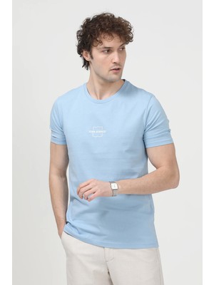 Erkek Bisiklet Yaka Kare John Baskılı %100 Pamuklu T-Shirt Açık Mavi - 26Y 2020-2