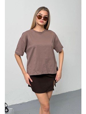 Giysa Kadın Yırtmaçlı %100 Pamuklu Basic T-Shirt Açık Kahverengi - 26Y 26505