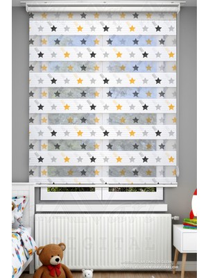 Avart Digital Çocuk Odası Için Sarı Siyah Renkli Yıldızlar Desenli Zebra Perde - Dijital Baskılı Zebra Stor Perde