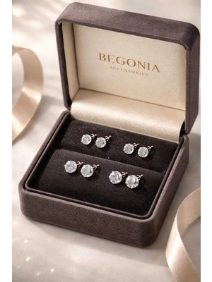 Begonia Accessories 925 Ayar Zirkon Taşlı 3-4-5-6mm Dörtlü Minimalist Tek Taş Gümüş Küpe Set Unisex ve Kadın