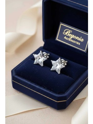 Begonia Accessories 925 Ayar Gümüş Yıldız Kesim Zirkon Tek Taş Küpe – Unisex Küpe | Alerji Yapmaz, Günlük & Şık | 1 Çift