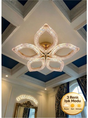 Yonca Model Gold 5"li Ledli 3 Renk Modu Kristal Salon Mutfak Yatak Çocuk Odası Avize