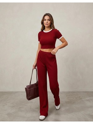 Zeravie Butik Mestore Fitilli Kaşkorse Crop Top ve Geniş Paça Pantolon Alt Üst Takım
