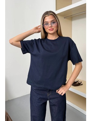 Giysa Kadın Yırtmaçlı %100 Pamuklu Basic T-Shirt Lacivert - 26Y 26505