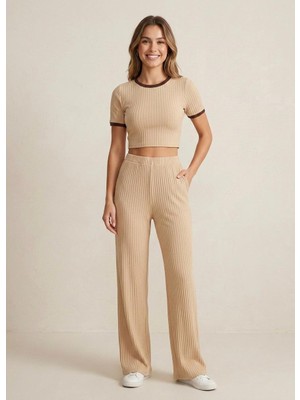 Zeravie Butik Mestore Fitilli Kaşkorse Crop Top ve Geniş Paça Pantolon Alt Üst Takım