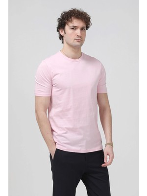 Erkek Bisiklet Yaka Süs Etiketli %100 Pamuklu T-Shirt Pembe - 26Y 2020