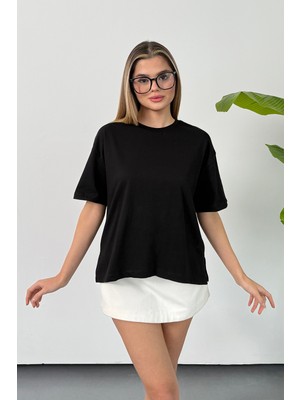 Giysa Kadın Yırtmaçlı %100 Pamuklu Basic T-Shirt Siyah - 26Y 26505