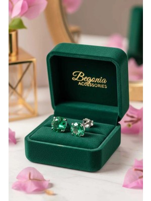 Begonia Accessories 925 Ayar Gümüş Yeşil Zirkon Tek Taş Küpe – Unisex Pimli | Alerji Yapmaz | 1 Çift Küpe