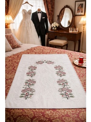 Dilex DİLEX Çeyizlik Makine İşi Etamin Seccade Beyaz Pembe Nakışlı 120x73 cm