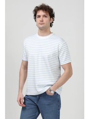 Erkek Bisiklet Yaka Modal Kumaş Çizgili T-Shirt Mavi - 26Y 1005