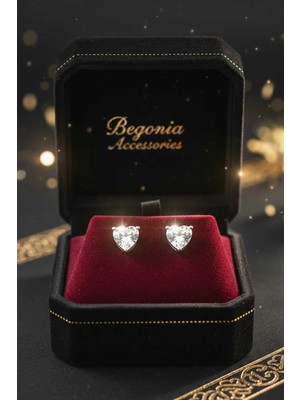 Begonia Accessories 925 Ayar Gümüş; Kalp Zirkon Tek Taş Unısex 1 Çift Küpe