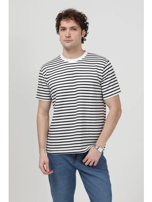 Erkek Bisiklet Yaka Modal Kumaş Çizgili T-Shirt Lacivert - 26Y 1005