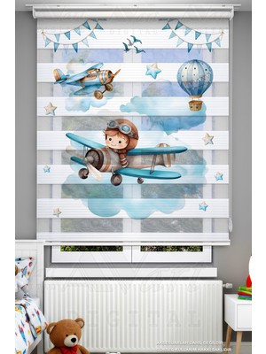 Avart Digital Erkek Çocuk Odası Sevimli Pilot Temalı Dijital Baskılı Zebra Perde - Çocuk Odası Perdesi