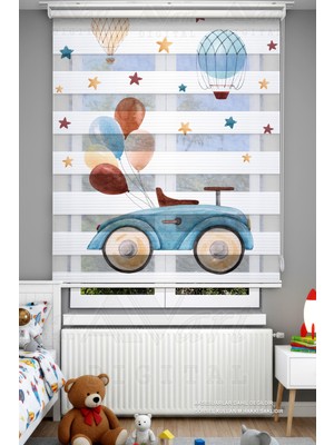 Avart Digital Araba ve Balon Basklı Çocuk Odası Perdesi (Suluboya Efektli) - Dijital Baskılı Zebra Stor Perde