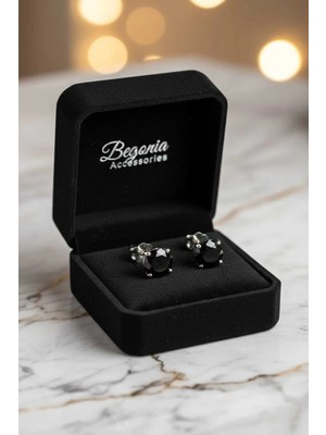 Begonia Accessories 925 Ayar Gümüş Oval Siyah Zirkon Tek Taş Erkek Küpe – Pimli | Alerji Yapmaz | 1 Çift Küpe