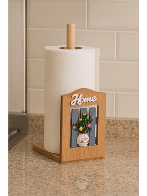 Ahşap Kağıt Havlu Tutucu, Çiçek Vazolu ve Home Yazılı Dekoratif Mutfak Aksesuarı