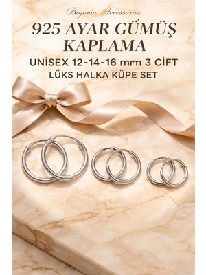 Begonia Accessories 925 Ayar Gümüş Unisex Paslanmaz Kararmaz 3 Boy Halka Küpe Seti – 3 Çift Kadın Erkek Genç Çocuk Küpe