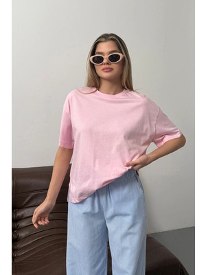 Giysa Kadın Yırtmaçlı %100 Pamuklu Basic T-Shirt Pembe - 26Y 26505