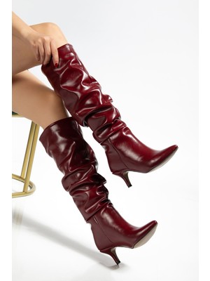 Ellolita Luxury Shoes SR-2001 Bordo Kırışık Ince Topuklu Günlük Bayan Çizme
