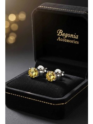 Begonia Accessories 925 Ayar Gümüş Çift Küpe Antialerjik Sarı Zirkon Tek Taş Unisex Pimli Erkek Kadın Takı Seti