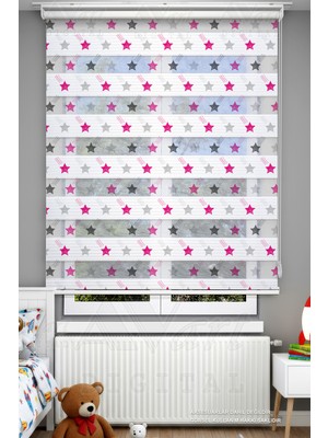 Avart Digital Çocuk Odası Için Pembe Siyah Renkli Yıldızlar Desenli Zebra Perde - Dijital Baskılı Zebra Stor Perde